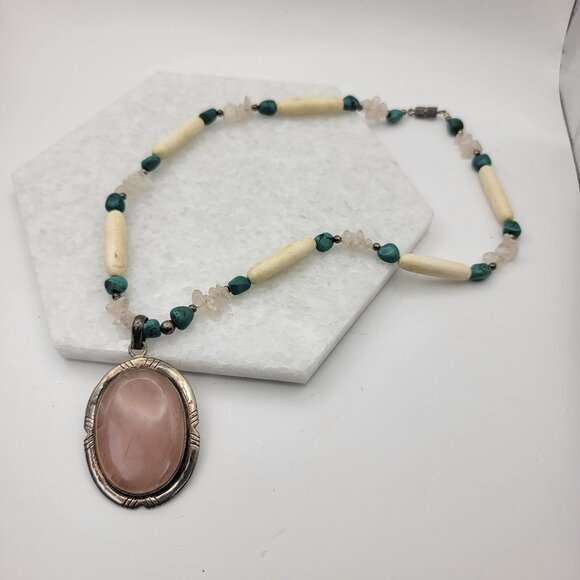Unbranded Jewelry - Navajo 925 Sterling Silver Rose Quartz Turquoise Bone Necklace
